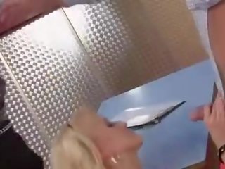 Blondes in bar take turn on pecker with very lucky lad