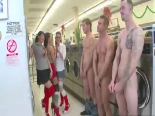 Striplings stand in line to get sucked by clothed babes