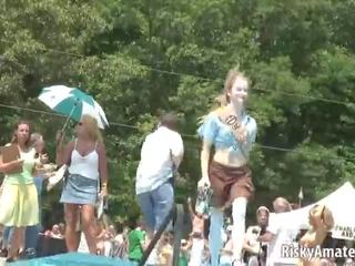 Amateur Blonde is on the Stage Teasing the Crowd