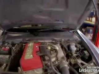 Car mechanic fucks sexy, lustful babes